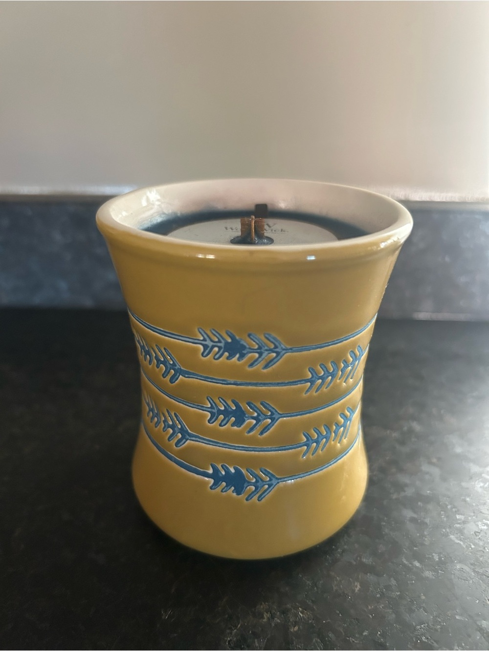 Woodwick Yellow Ceramic Candle Holder with Blue Accent DENIM